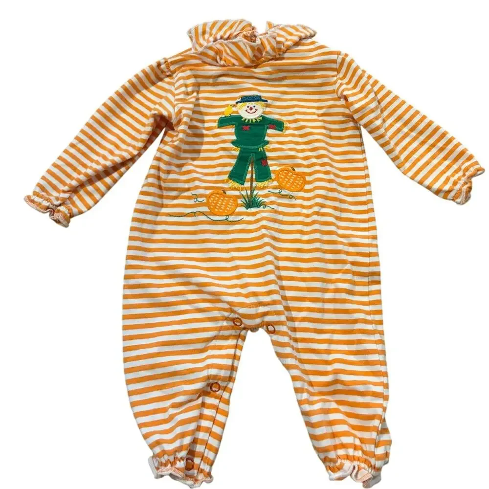 Bailey Boys Unisex 6M Orange Stripe Pumpkin Scarecrow Romper Fall Halloween‎ EUC